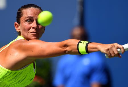 Roberta Vinci of Italy hits to Anna-Lena Friedsam of Germany on day one of the 2016 U.S. Open tennis tournament at USTA Billie Jean King National Tennis Center. Mandatory Credit: Robert Deutsch-USA TODAY Sports