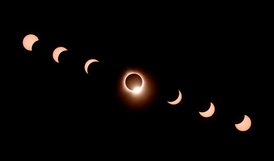 In this composite of seven photographs, the moon passes by the sun during a total solar eclipse in Bloomington, Indiana, on April 8, 2024. (Photo by JOSH EDELSON/AFP via Getty Images)