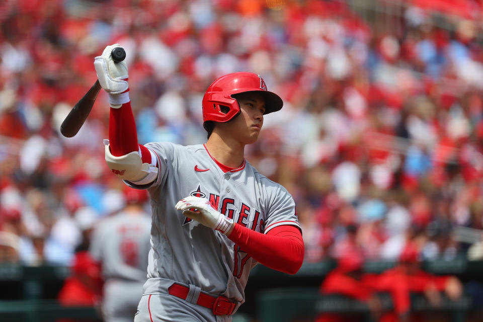 ST LOUIS, MO - MAY 04: Shohei Ohtani #17 of the Los Angeles Angels waits on deck to bat against the St. Louis Cardinals in the fifth inning  at Busch Stadium on May 4, 2023 in St Louis, Missouri. (Photo by Dilip Vishwanat/Getty Images)