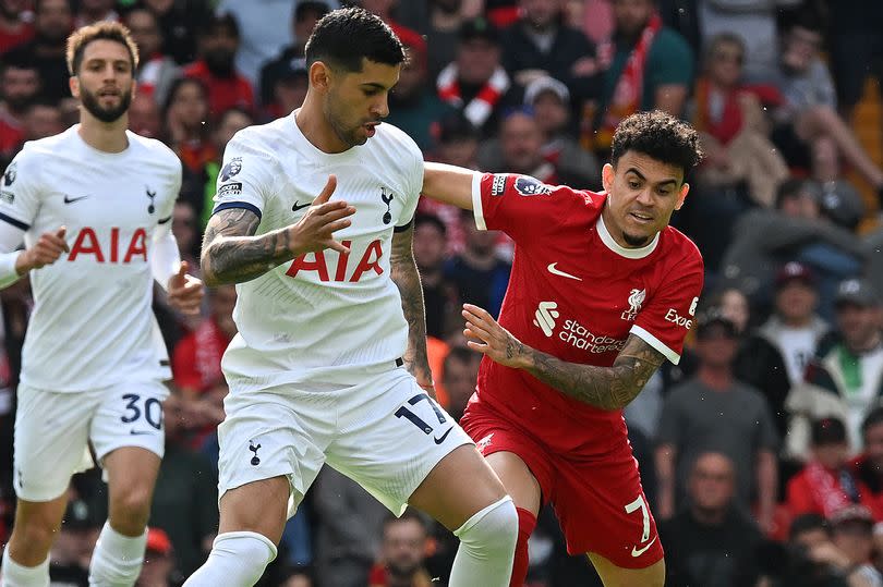 Cristian Romero and Luis Diaz during Tottenham vs Liverpool