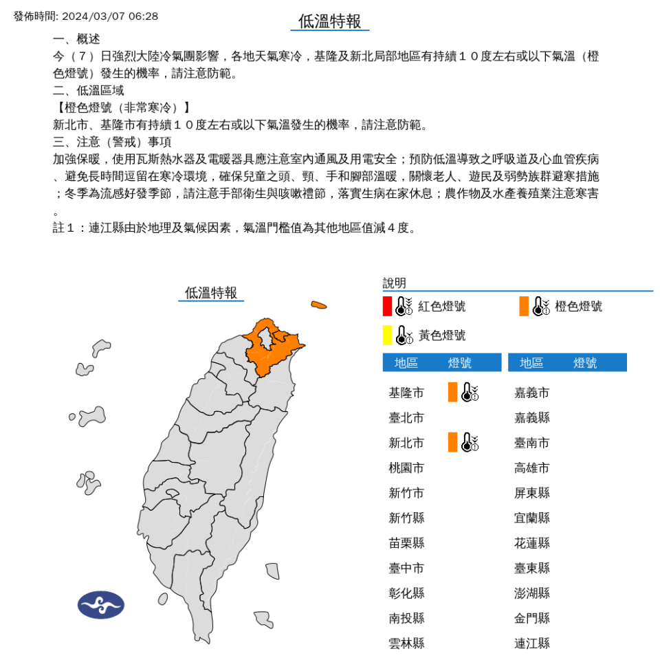 3/7低溫特報。中央氣象署