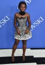 <p>The Black Panther star looked stunning in this mini monochrome dress teamed with a statement choker.<br> Source: Getty </p>