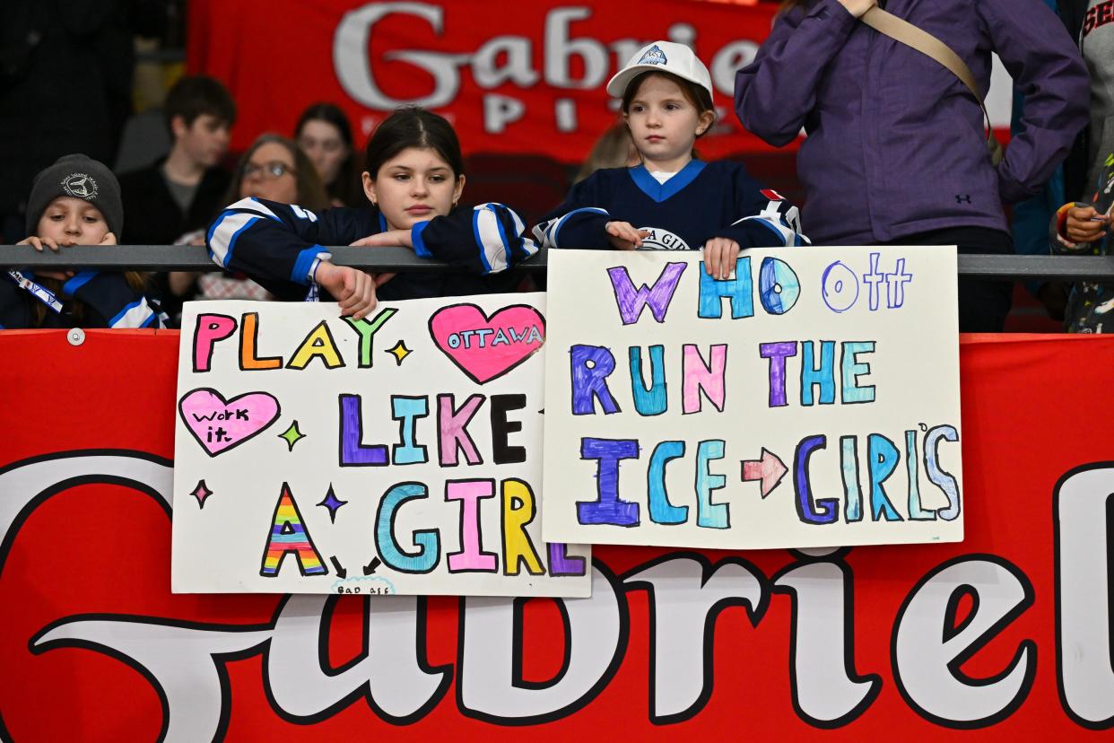 Young fans at Tuesday's PWHL game in Ottawa. (Minas Panagiotakis/Getty Images)