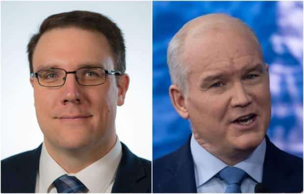 Alberta Environment Minister Jason Nixon, left, says the province will review the proposed carbon plan from Conservative Party of Canada, announced by leader Erin O'Toole, right. (CBC - image credit)
