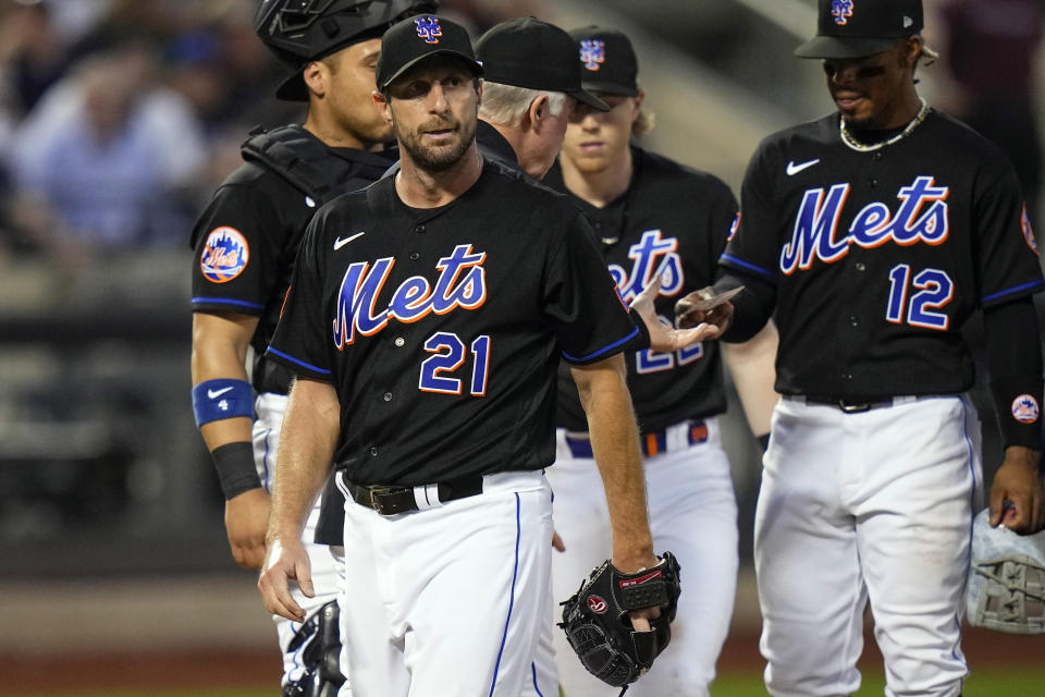 FILE - New York Mets starting pitcher Max Scherzer (21) reacts as he leaves during the fourth inning of a baseball game against the New York Yankees Tuesday, June 13, 2023, in New York. (AP Photo/Frank Franklin II, FIle)