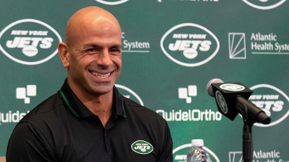 Apr 26, 2023; Florham Park, NJ, USA; New York Jets head coach Robert Saleh smiles during the introductory press conference for New York Jets quarterback Aaron Rodgers (not pictured) at Atlantic Health Jets Training Center.