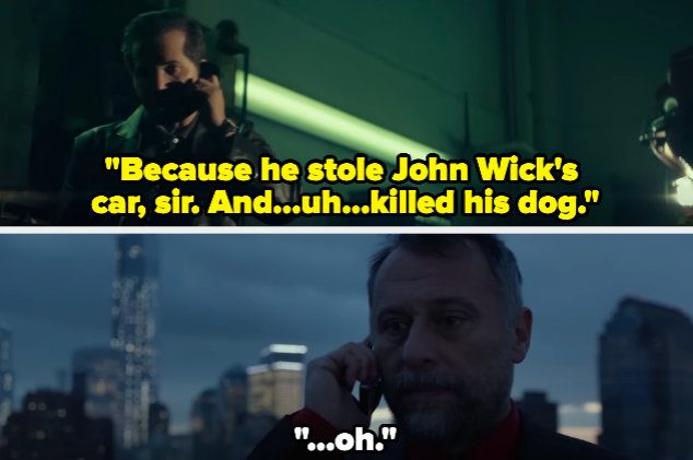 A man saying "Because he stole John Wick's car, sir. And...uh...killed his dog"
