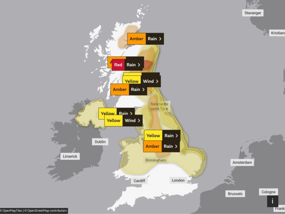 The Met Office’s weather warning map for Saturday (Met Office)
