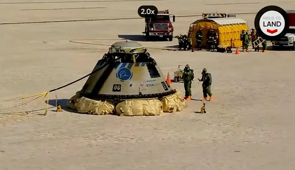 A drone's-eye view of the Starliner moments after landing. / Credit: Boeing