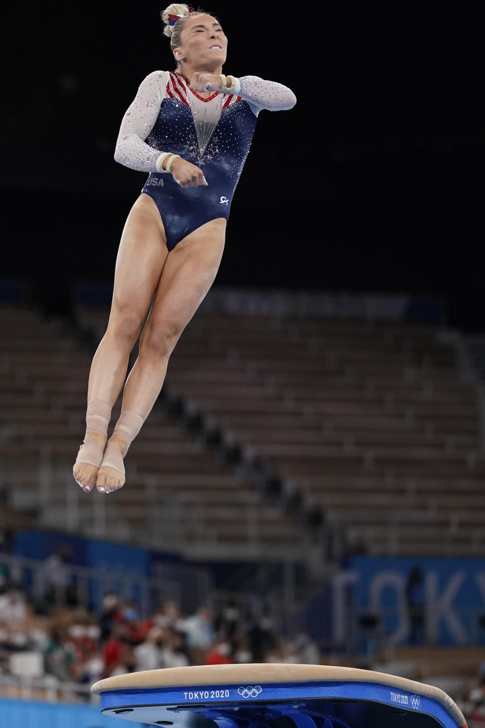 Mykayla Skinner of the United States, performs on the vault during the artistic gymnastics women's apparatus final at the 2020 Summer Olympics, Sunday, Aug. 1, 2021, in Tokyo, Japan. (AP Photo/Ashley Landis)