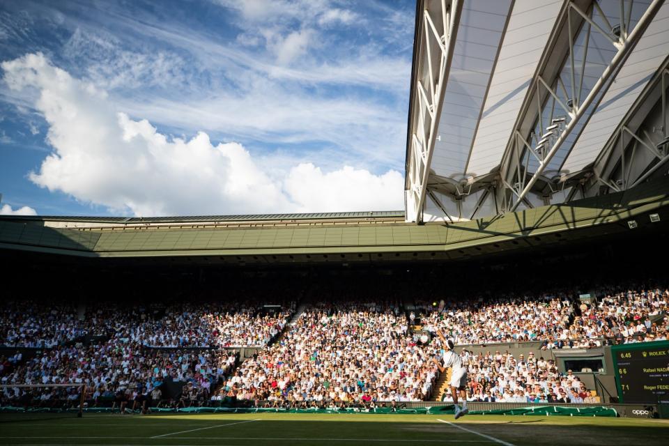 LONDON, ENGLAND - JULY 12: Roger Federer of Switzerland in action during the Men's Singles Semi Final against Rafael Nadal of Spain (not pictured) at The Wimbledon Lawn Tennis Championship at the All England Lawn and Tennis Club at Wimbledon on July 12, 2019 in London, England. (Photo by Simon Bruty/Anychance/Getty Images)