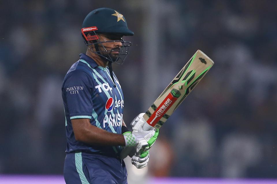 Pakistan's Babar Azam reacts as he walks off the field after losing his wicket during the fifth twenty20 cricket match between Pakistan and England, in Lahore, Pakistan, Wednesday, Sept. 28, 2022. (AP Photo/K.M. Chaudary)