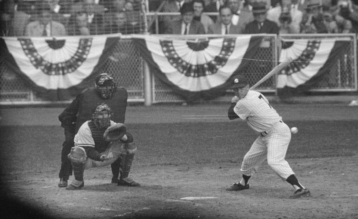 Mickey Mantle bats during Game 4 of the 1958 World Series at Yankee Stadium. (Bettmann Archives/Getty Images)