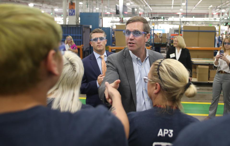 Gov. Andy Beshear talked to a worker at GE Appliances. They have completed their state-of-the-art dishwasher line and are giving a tour of the plant for the unveiling of the new line.
Sept. 27, 2023