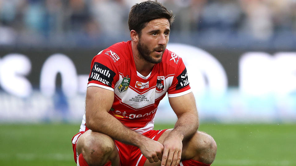 Ben Hunt of the Dragons catches his breath during the round 14 NRL match between the Canterbury Bulldogs and the St George Illawarra Dragons. (Photo by Mark Kolbe/Getty Images)