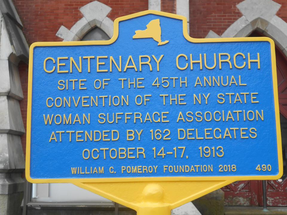 Historical sign for Centenary Church, where Landmark Church is now in Binghamton.