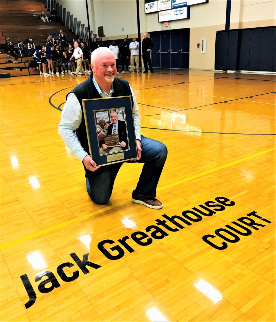 Former Lancaster boys basketball coach Jack Greathouse was not only inducted into the Lancaster High School Gary Mauller Wall of Honor last week, but the high school gymnasium floor is now named Jack Greathouse Court.