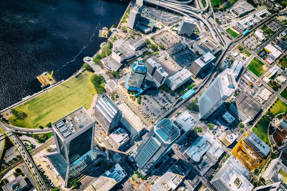 The downtown section of Jacksonville, Florida shot aerially from an altitude of about 2000 feet directly overhead.