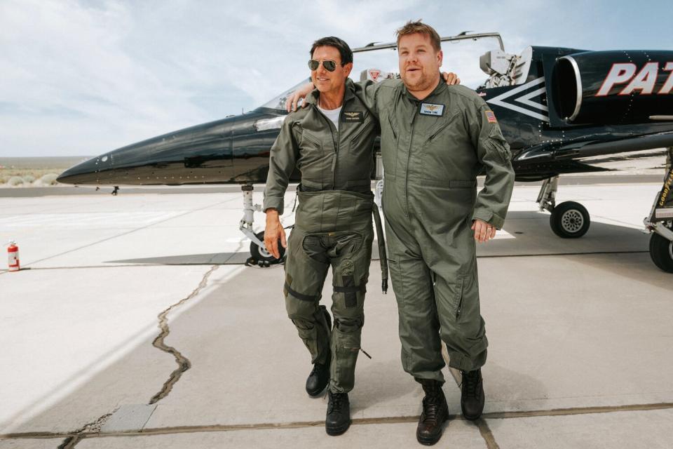 Tom Cruise teaches James Corden how to fly a Top Gun fighter jet during The Late Late Show with James Corden