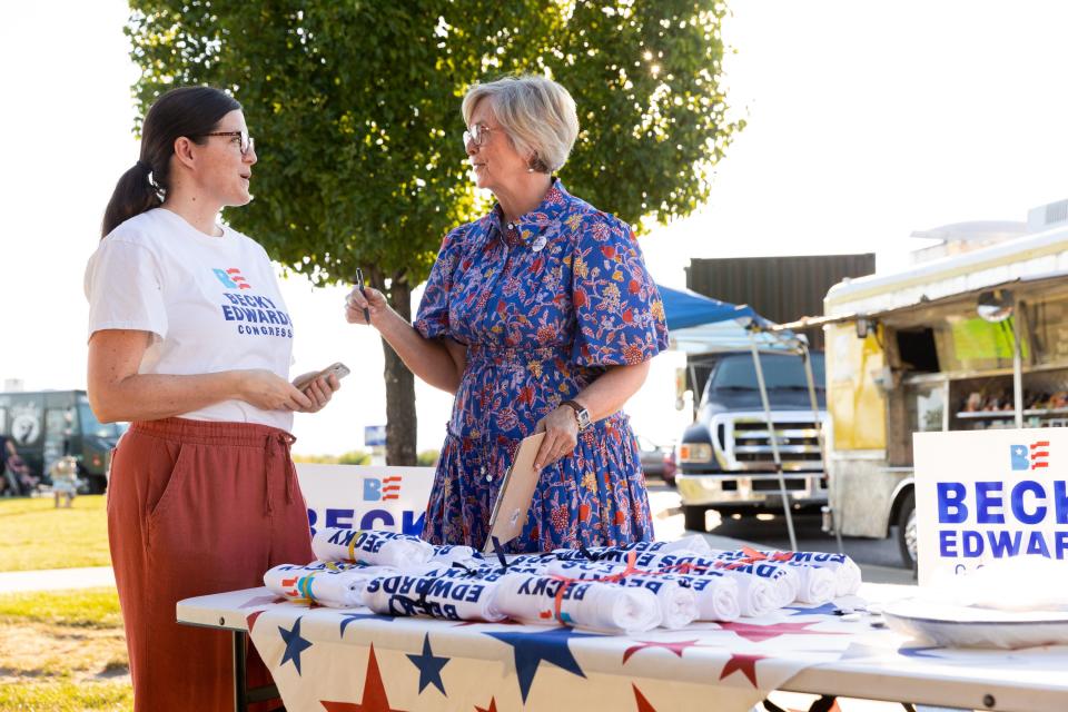 Becky Edwards talks with Stansbury Park resident Amy Stewart at an informal meet and greet at Porter Way Park in Stansbury Park on Thursday, July 20, 2023. Edwards is one of the candidates running for the congressional seat being vacated by Rep. Chris Stewart. | Megan Nielsen, Deseret News