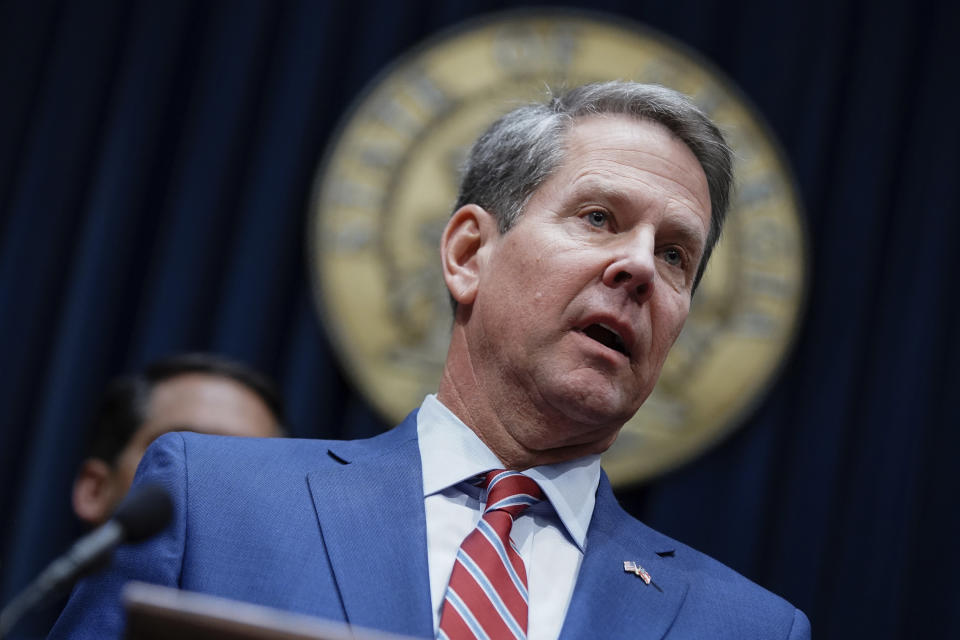 FILE - In this Dec. 4, 2019, file photo, Georgia Gov. Brian Kemp takes questions from the media at the Georgia state Capitol in Atlanta. A federal appeals court plans to hear arguments Friday, Sept. 24, 2021 on whether it should overturn a lower court’s ruling that permanently blocks a restrictive abortion law passed in 2019 by Georgia lawmakers. (AP Photo/Elijah Nouvelage, File)