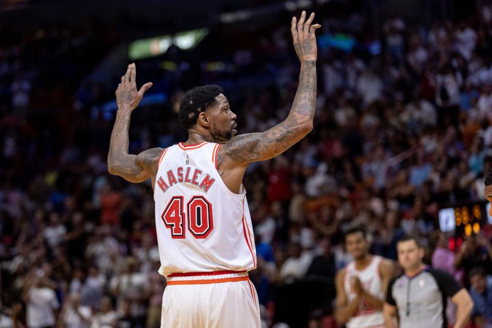Miami Heat forward Udonis Haslem (40) reacts to checking out of the game for the last time in the regular season during the fourth quarter of an NBA game against the Orlando Magic at Kaseya Center in Downtown Miami, Florida, on Sunday, April 9, 2023. (D.A. Varela/Miami Herald/Tribune News Service via Getty Images)
