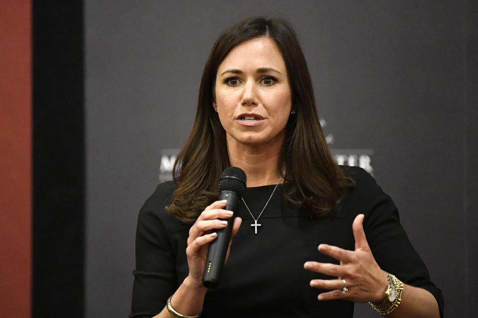 Sen. Katie Britt, R-Ala., speaks as part of the Distinguished Speaker Series hosted by Sen. Mitch McConnell at the University of Louisville in Louisville, Ky., Tuesday, April 2, 2024. (AP Photo/Timothy D. Easley)