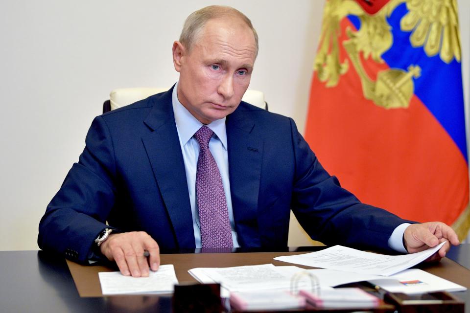 Russian President Vladimir Putin chairs a meeting of Pobeda (Victory) organizing committee via teleconference at the Novo-Ogaryovo residence outside Moscow, Russia, Thursday, July 2, 2020. (Alexei Druzhinin, Sputnik, Kremlin Pool Photo via AP)