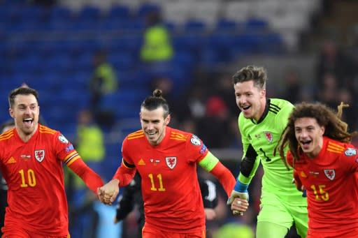 Gareth Bale (2L) celebrates with teammates after Wales secured a place at the 2020 Euros