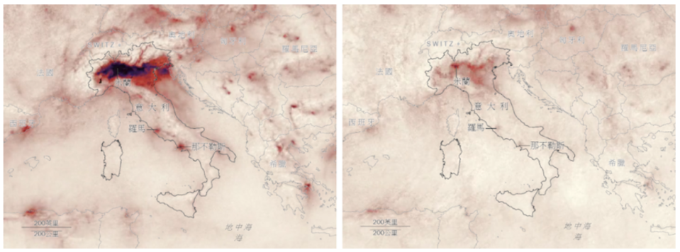 （左圖為1月平均二氧化氮濃度，右圖為3月12日二氧化氮濃度。 資料來源：歐洲航天局Sentinel-5P衛星數據）