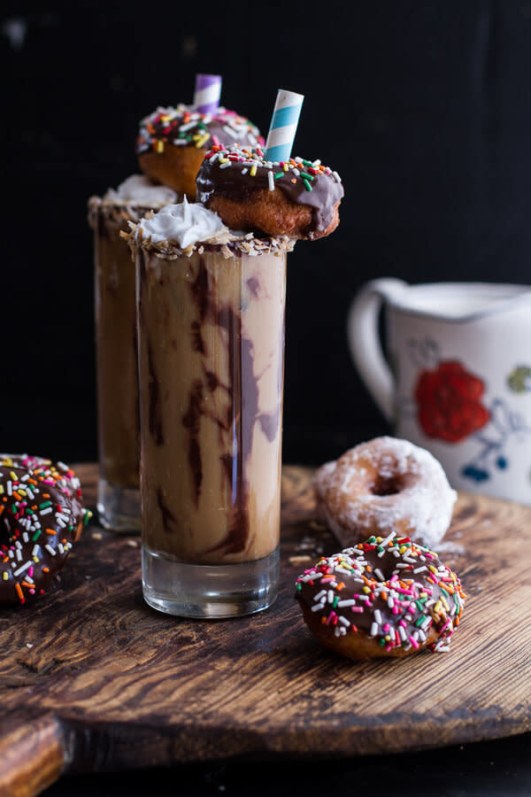 <strong>Get the <a href="https://www.halfbakedharvest.com/coconut-iced-coffee-mini-chocolate-glazed-coffee-doughnuts/" target="_blank">Coconut Iced Coffee With Mini Donuts recipe</a> from Half Baked Harvest</strong>