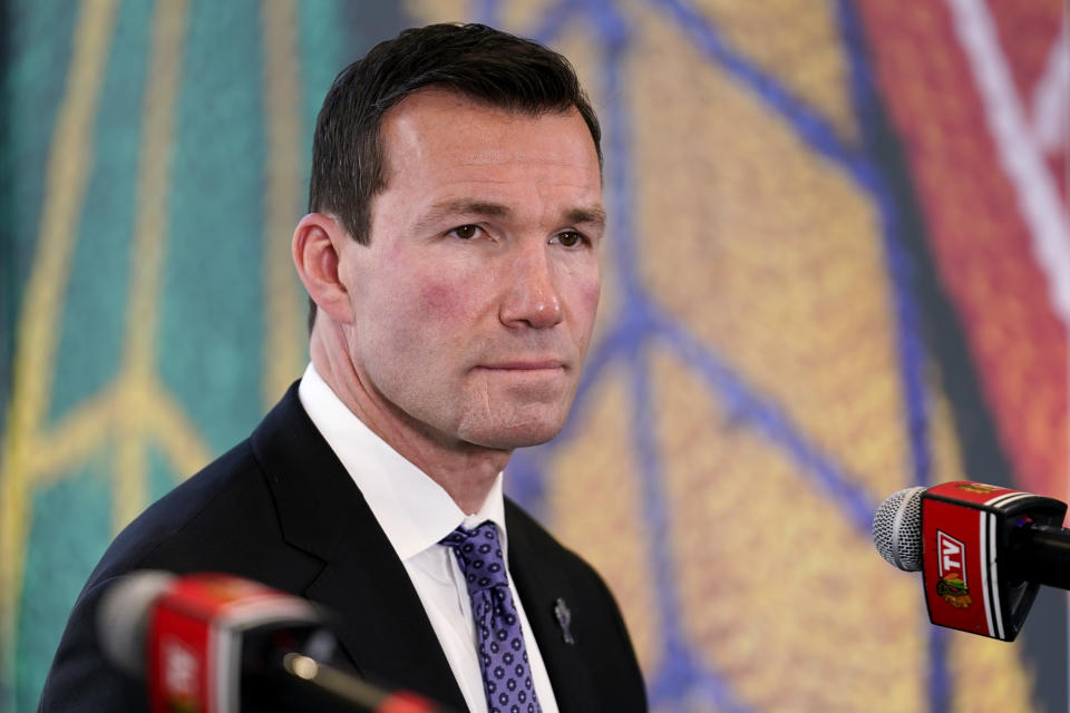 Chicago Blackhawks new head coach Luke Richardson listens to reporters during an NHL hockey news conference in Chicago, Wednesday, June 29, 2022. (AP Photo/Nam Y. Huh)