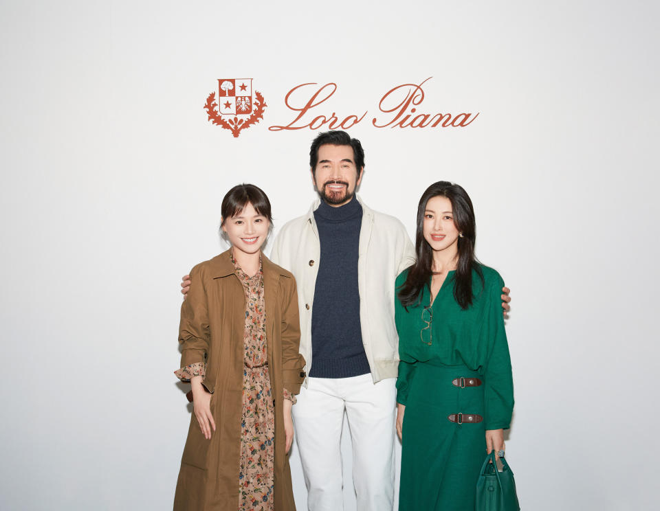 Chinese celebrities Ma Sichun, Fei Xiang and Zhu Zhu at Loro Piana's spring 2024 pop-up event during Milan Fashion Week.