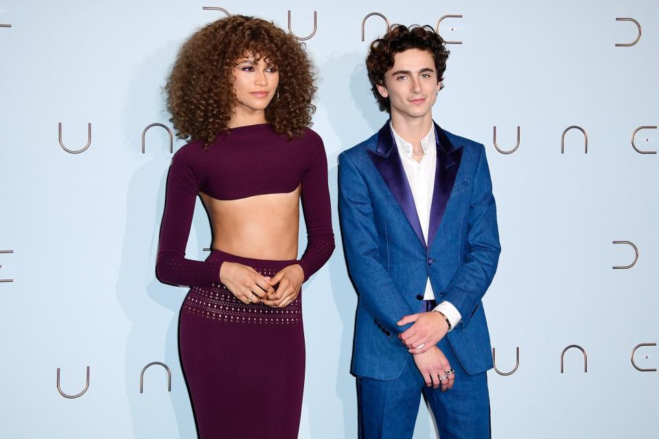 Zendaya and Timothée Chalamet attends the "Dune" photocall At Le Grand Rex on September 06, 2021 in Paris, France.