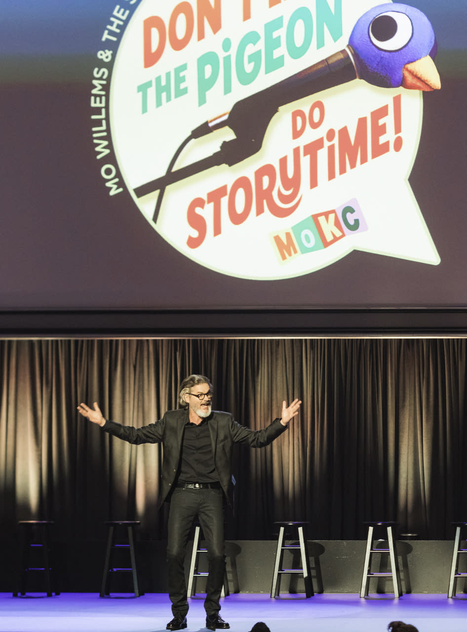 This image released by HBO Max shows author and illustrator Mo Willems in “Don’t Let the Pigeon Do Storytime!” The special was filmed last year at the Kennedy Center and features comedy inspired by Willems’ books for children. (HBO Max via AP)