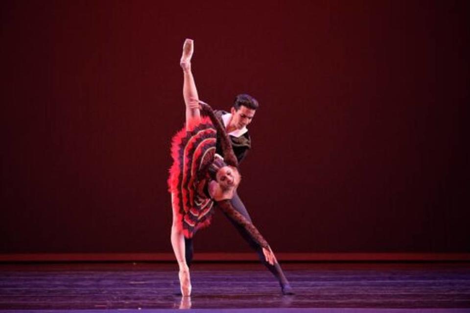 Washington Ballet dancers Katherine Barkman and Jorge Oscar Sanchez strike an arabesque penché.