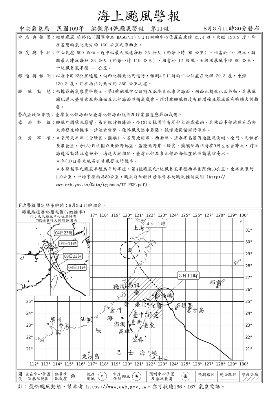 氣象局今（3）日上午11:30持續發布海上颱風警報。（圖／中央氣象局）