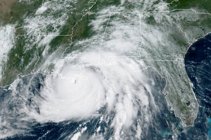 A satellite image shows Hurricane Ida in the Gulf of Mexico and approaching the coast of Louisiana