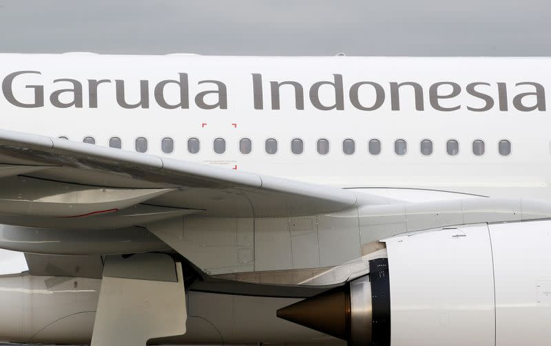 FILE PHOTO: The logo of Garuda Indonesia is pictured on an Airbus A330 aircraft parked at the aircraft builder's headquarters of Airbus in Colomiers