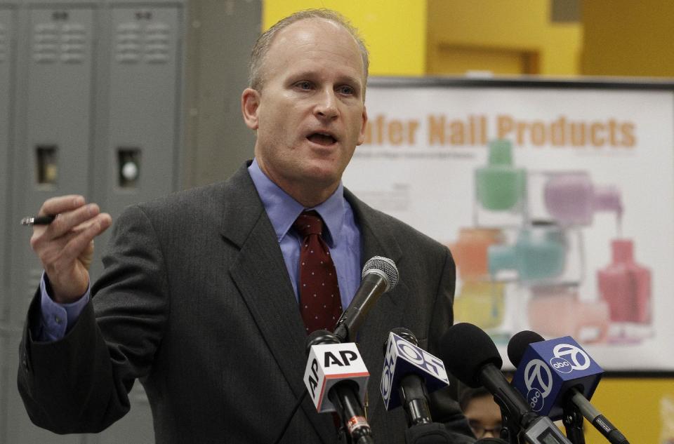 Karl Palmer, chief of toxics in products at the Department of Toxic Substances Control for the California Environmental Protection Agency, speaks at a news conference at the Laney College School of Cosmetology in Oakland, Calif., Tuesday, April 10, 2012. Some nail polishes commonly found in California salons and advertised as free of a so-called “toxic trio” of chemicals actually have high levels of agents known to cause birth defects, according to state chemical regulators. (AP Photo/Jeff Chiu)