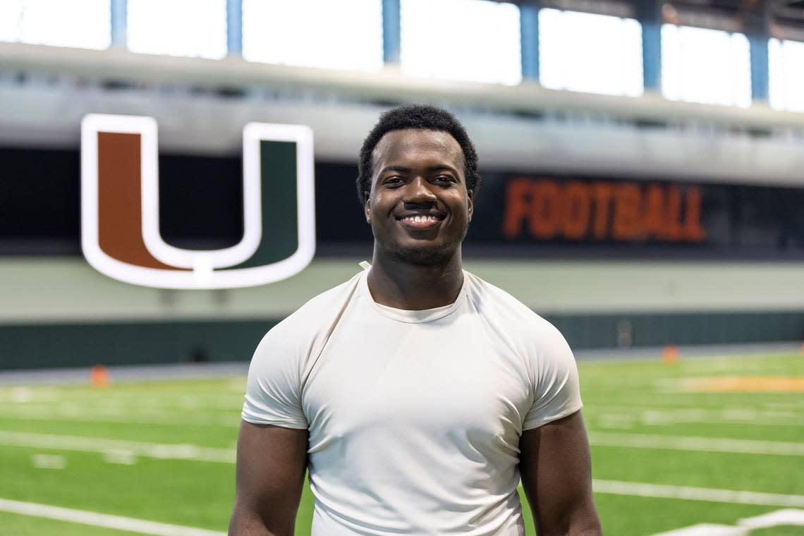 Miami Hurricanes defensive line Rueben Bain is photographed after participating in a spring football practice session at the University of Miami’s Greentree Field on Tuesday, April 11, 2023, in Coral Gables, Fla.