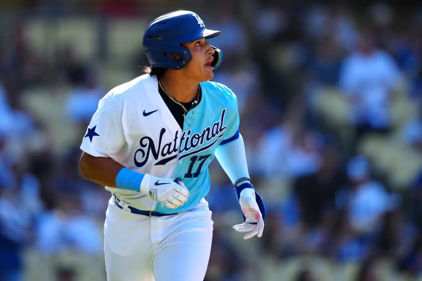 Dodgers prospect Diego Cartaya reacts in the second inning during the Futures Game on July 16, 2022, at Dodger Stadium.