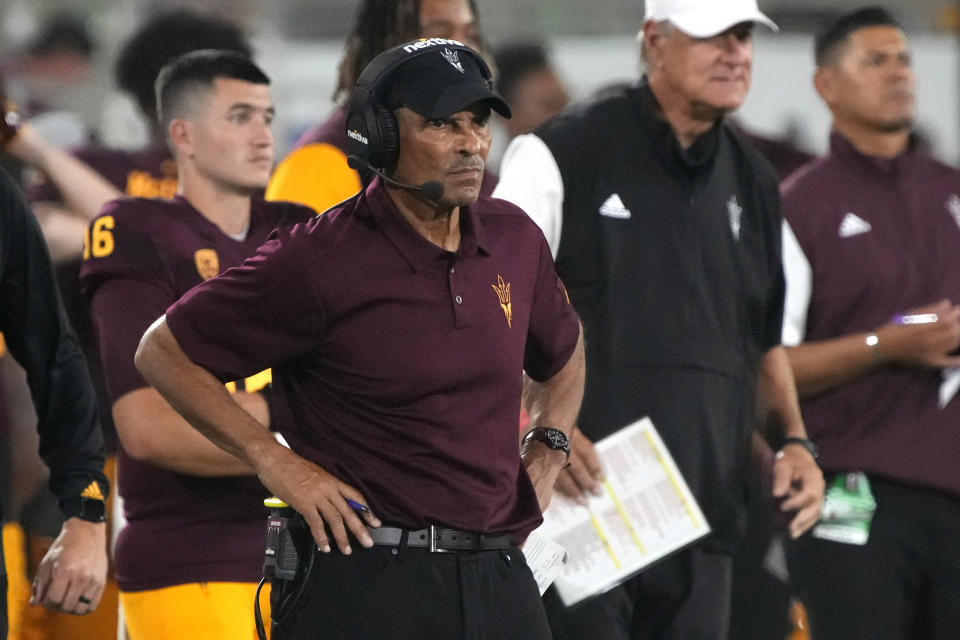 Arizona State coach Herm Edwards watches during the second half of the team's NCAA college football game against Northern Arizona, Thursday, Sept. 1, 2022, in Tempe, Ariz. (AP Photo/Rick Scuteri)