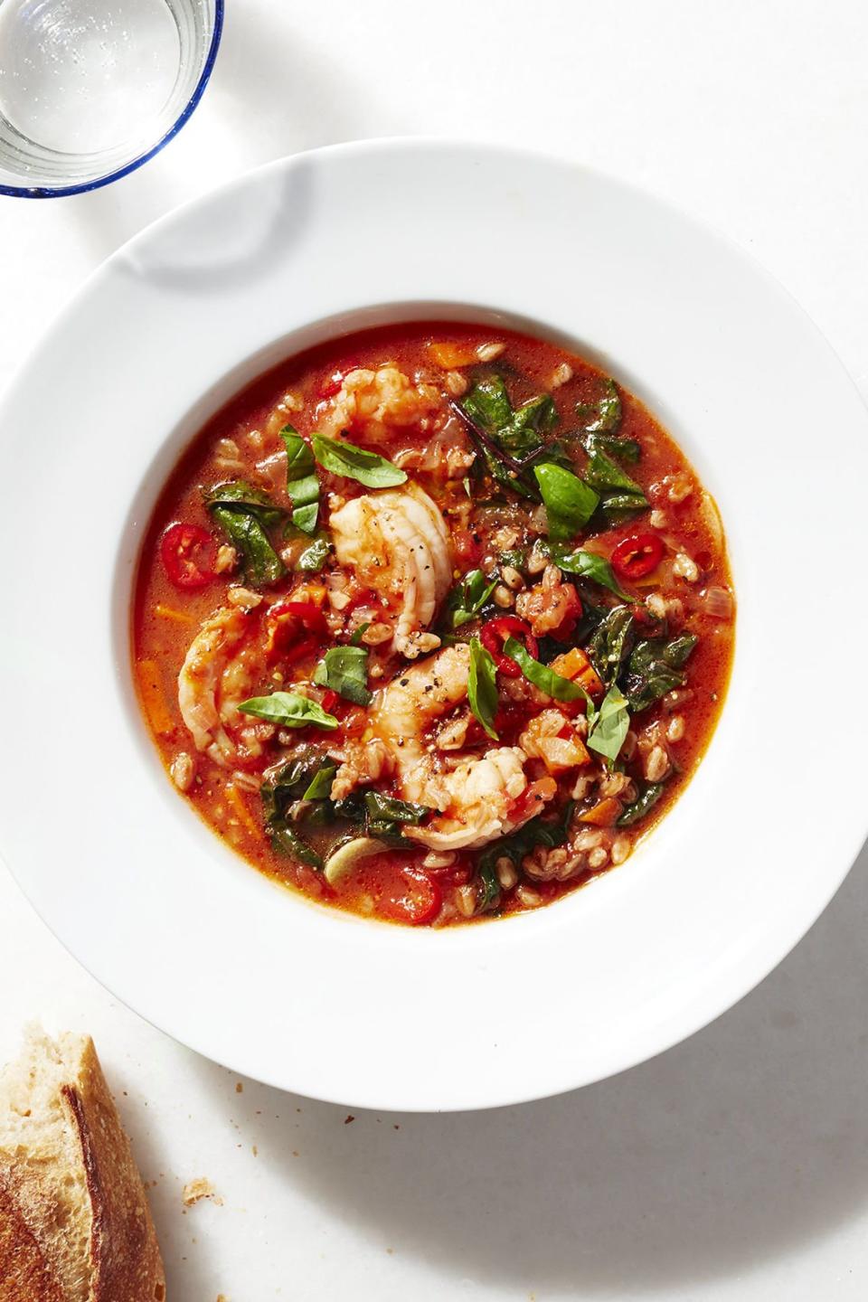 Spicy Shrimp and Farro Soup With Winter Greens