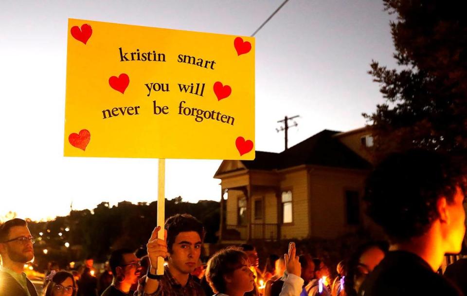 More than 250 supporters attend a candlelight vigil for Kristin Smart in front of the Flores family home in Arroyo Grande in November 2019.