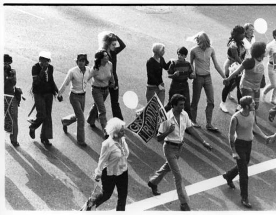 Gay Liberation Front contingent at the Los Angeles Christopher Street West pride parade in 1970.