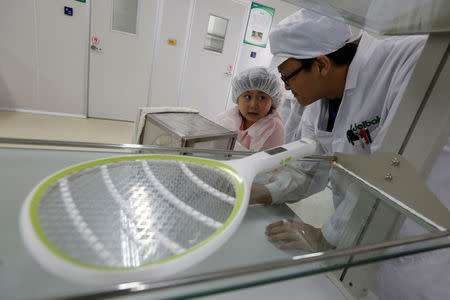 A young visitor chats with a lab technician inside Sun Yat-Sen University-Michigan State University Joint Center of Vector Control for Tropical Disease, the world’s largest "mosquito factory" which breeds millions of bacteria-infected mosquitoes, in the fight against the spread of viruses such as dengue and Zika, in Guangzhou, China July 28, 2016. Picture taken July 28, 2016. REUTERS/Bobby Yip