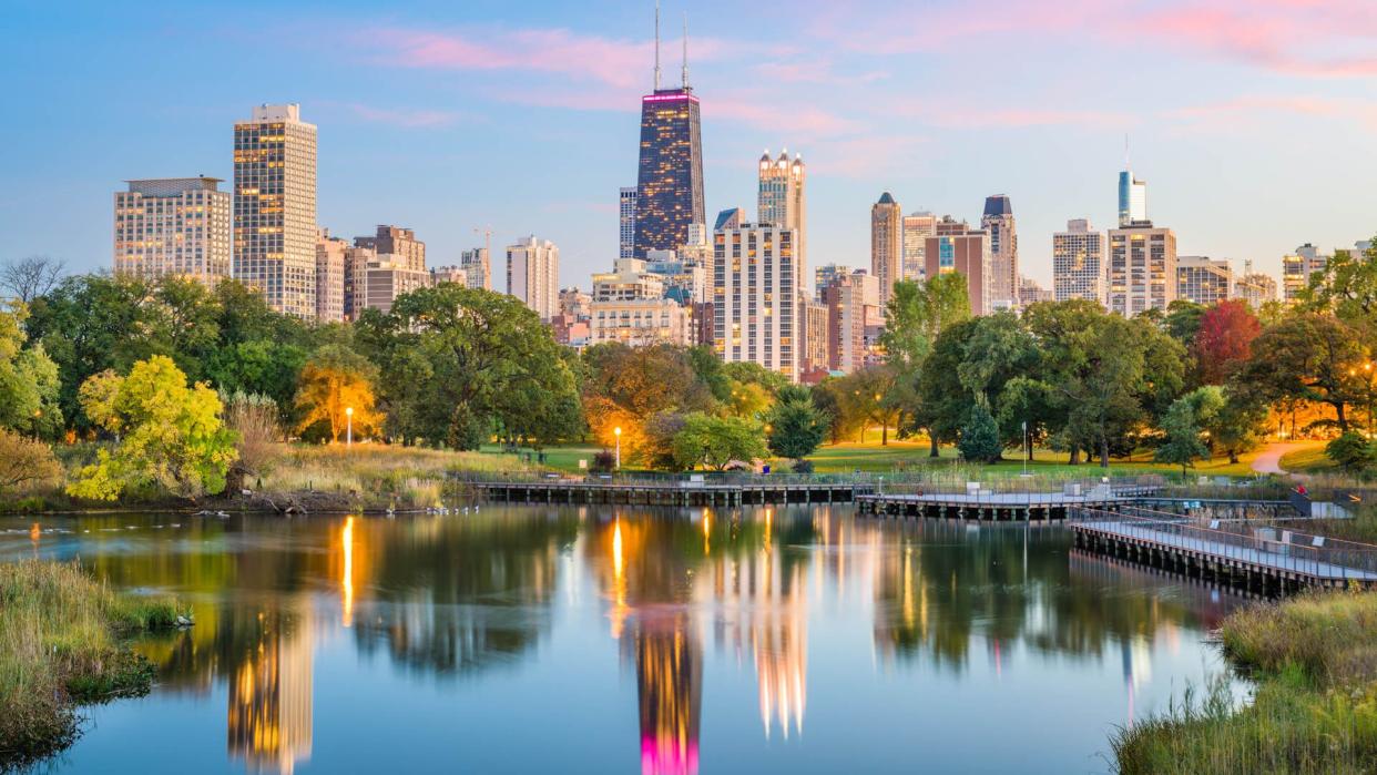 Chicago, Illinois, USA downtown skyline from Lincoln Park at twilight