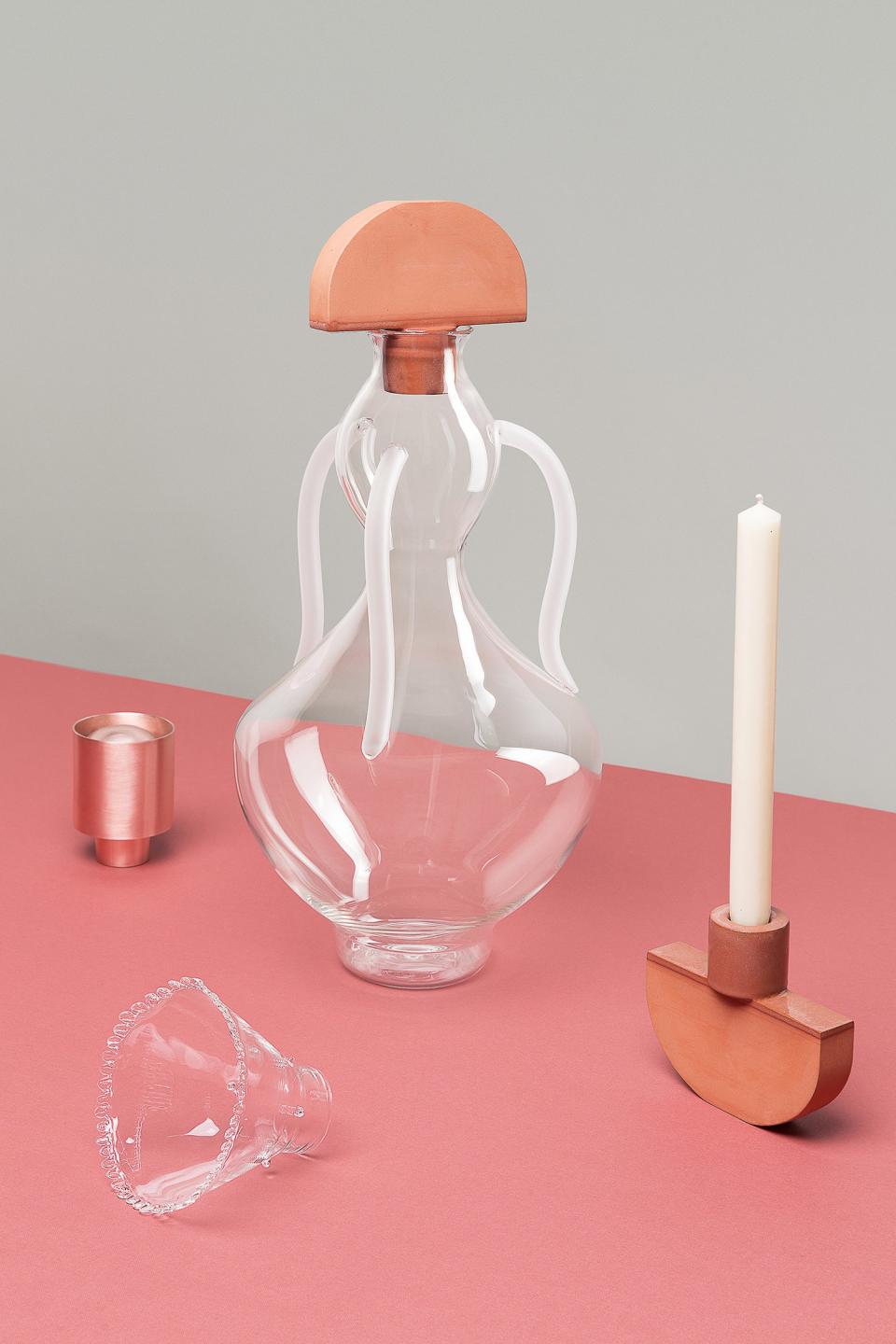 Flatwig Studio, a duo that hails from Italy but is based in London, enlisted artisans from both the U.K. and Italy for Mama Punch, a new punch set to be shown at Edit Napoli. Pictured here is another work, an amphora and decanter hybrid they designed for The Surreal Table.