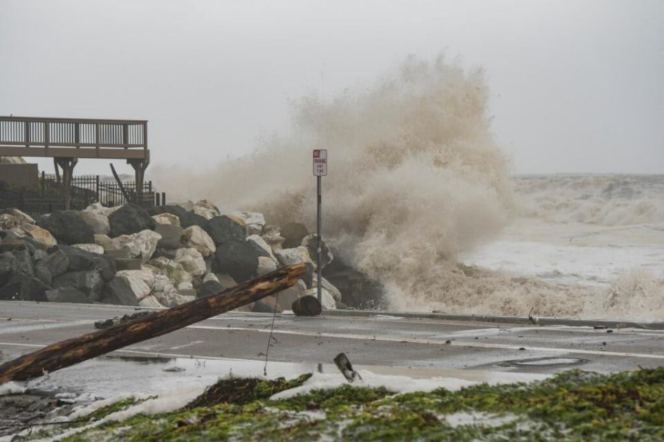 Heavy storm waves crash along East Cliff Drive in Capitola, Calif., Thursday, Jan. 5, 2023. Damaging winds and heavy rains from a powerful "atmospheric river" pounded California on Thursday.